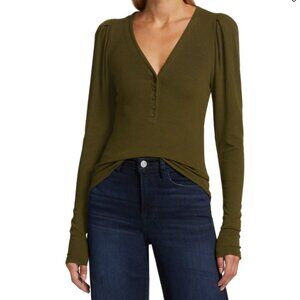 FRAME Womens Ribbed Ruched-Sleeve Henley Sweater Olive Green Size Large